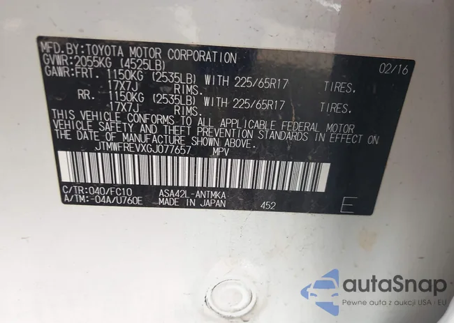 JTMWFREVXGJ077657: 43300105