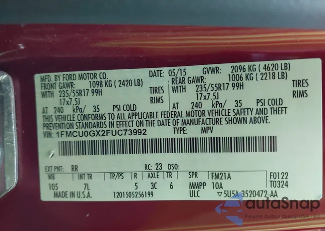 1FMCU0GX2FUC73992: 43299612