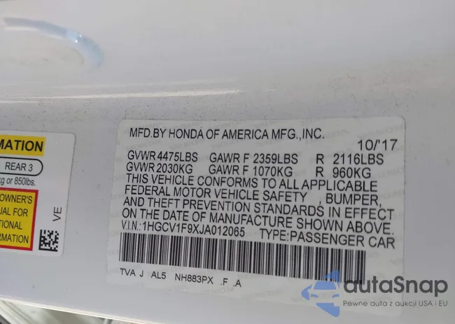 1HGCV1F9XJA012065: 43300911