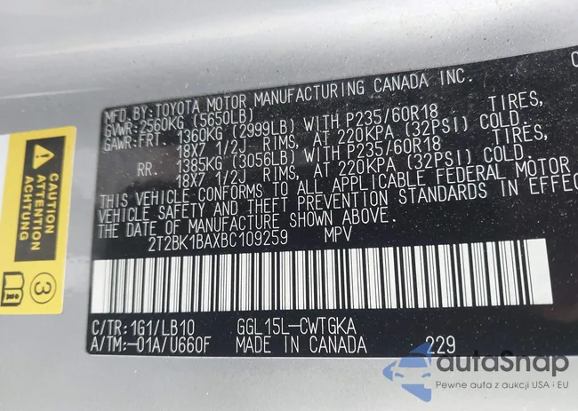 2T2BK1BAXBC109259: 43301023