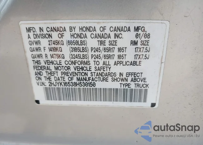 2HJYK16538H530150: 43301257