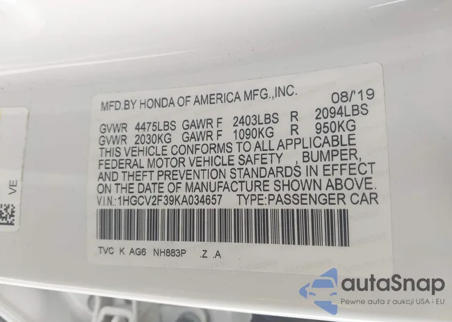 1HGCV2F39KA034657: 43300418