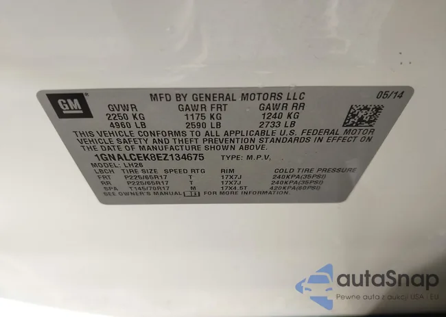 1GNALCEK8EZ134675: 43300580