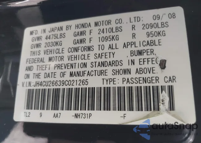 JH4CU26639C021265: 43302340