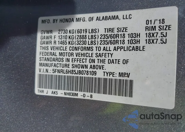 5FNRL6H85JB078109: 43301382