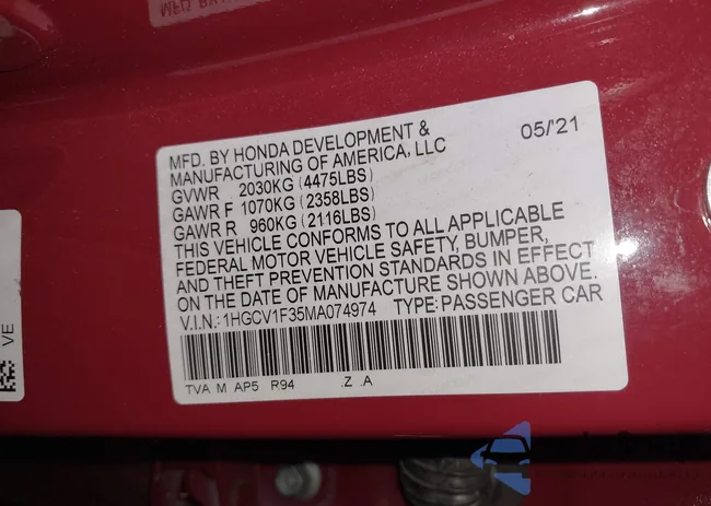 1HGCV1F35MA074974: 43301538