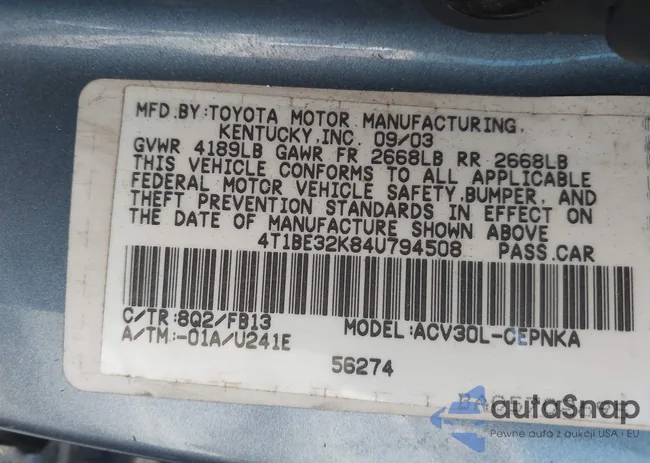 4T1BE32K84U794508: 43303036