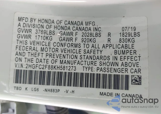 2HGFC2F88KH581273: 43303104