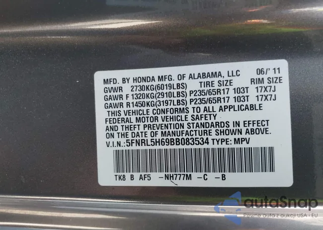 5FNRL5H69BB083534: 43302399