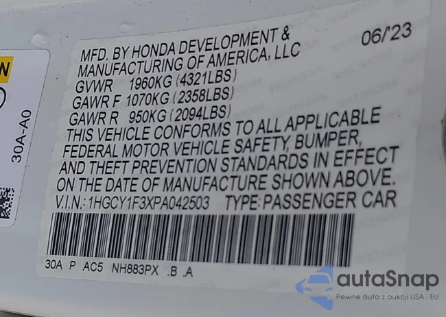 1HGCY1F3XPA042503: 43303887