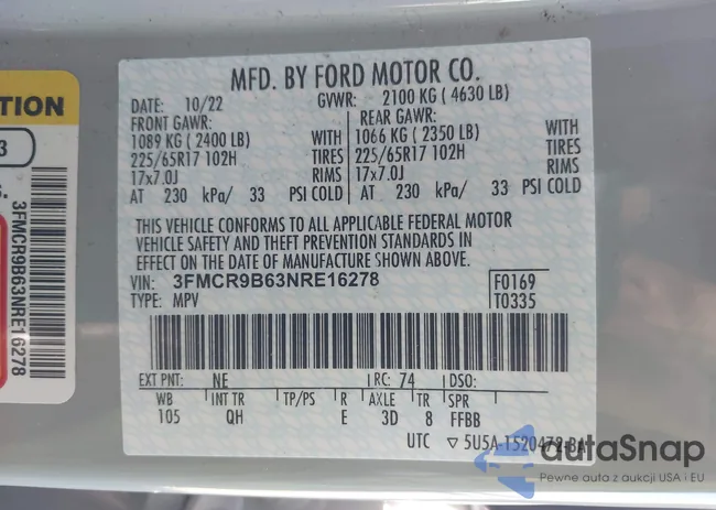 3FMCR9B63NRE16278: 43303427