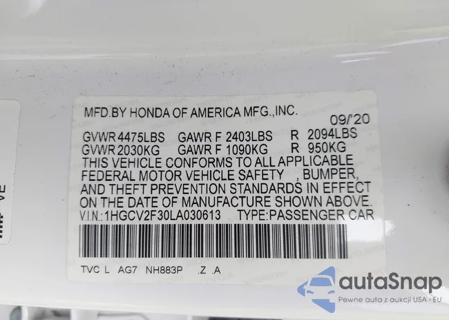 1HGCV2F30LA030613: 43304999