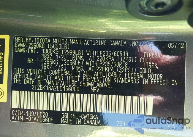 2T2BK1BA2DC156000: 43305803