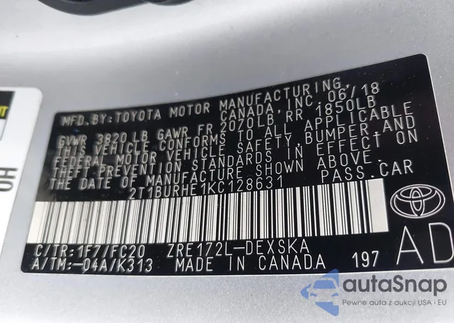 2T1BURHE1KC128631: 43305813