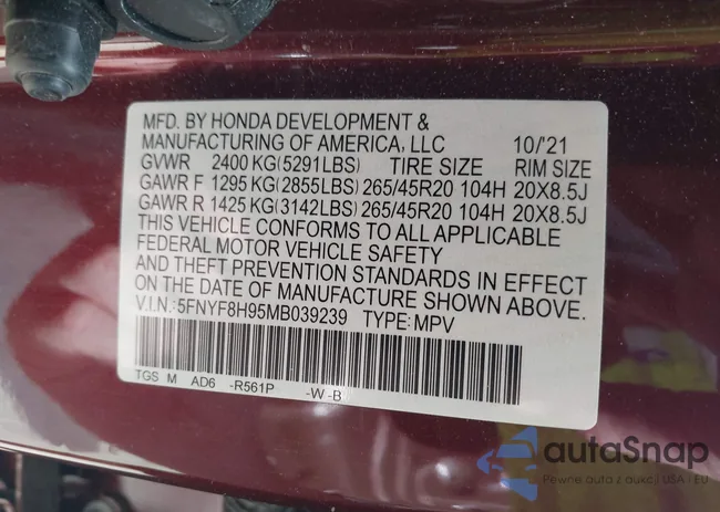 5FNYF8H95MB039239: 43305509