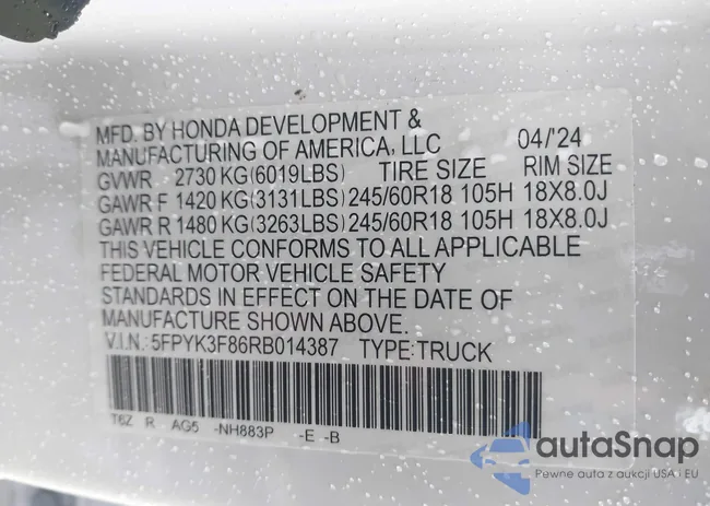 5FPYK3F86RB014387: 43307050