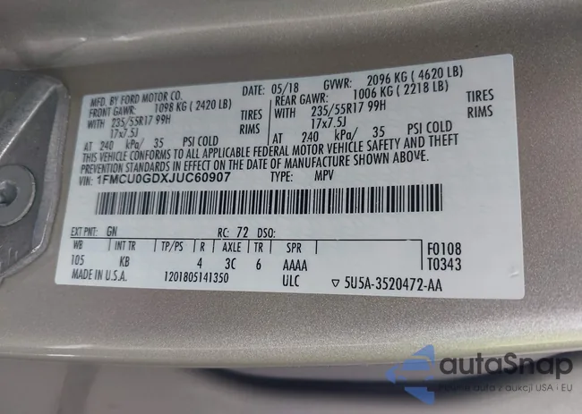 1FMCU0GDXJUC60907: 43307052