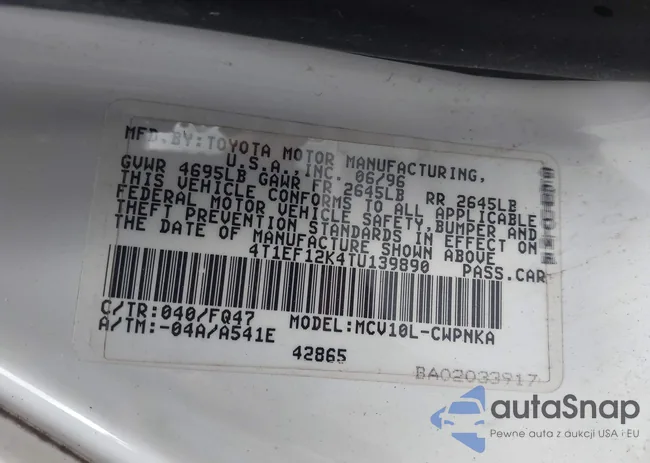 4T1EF12K4TU139890: 43307265