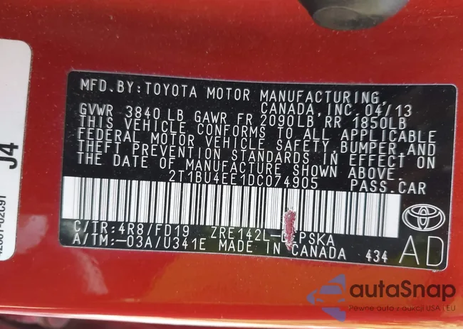 2T1BU4EE1DC074905: 43306473