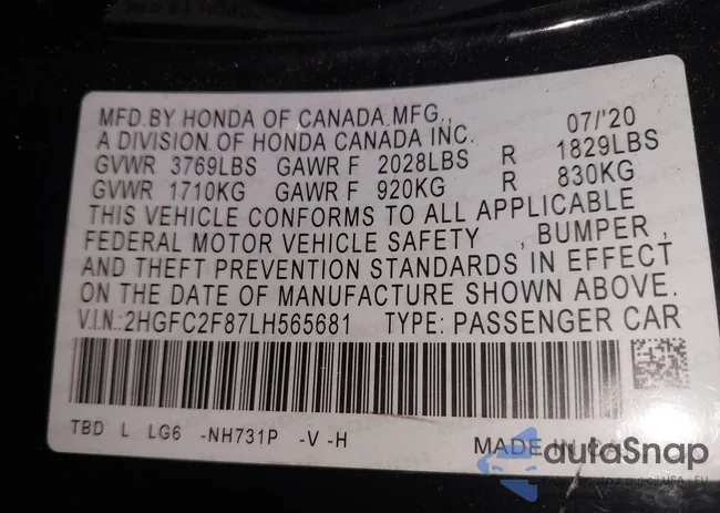 2HGFC2F87LH565681: 43306760