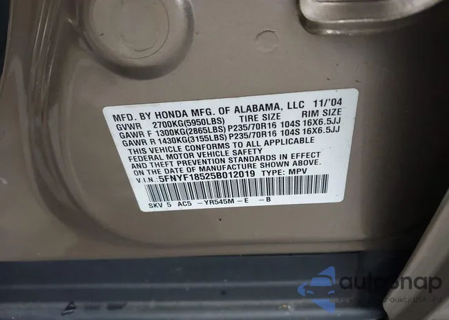 5FNYF18525B012019: 43307822