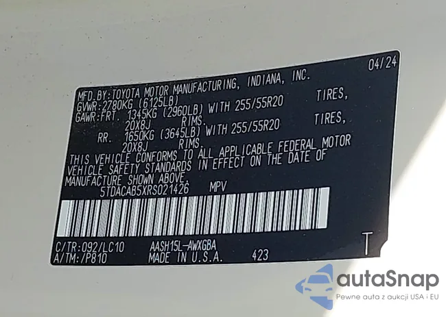 5TDACAB5XRS021426: 43307832