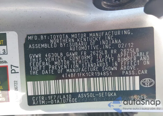 4T4BF1FK1CR194851: 43309039