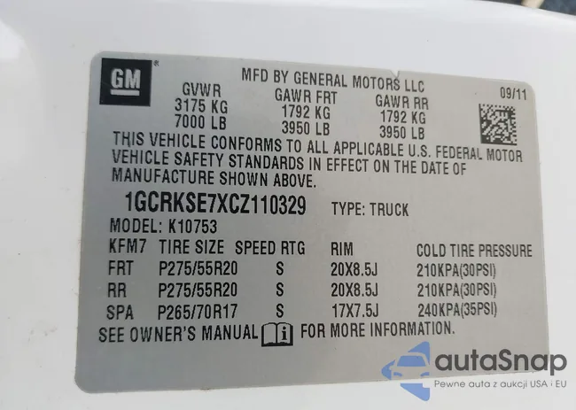 1GCRKSE7XCZ110329: 43309224