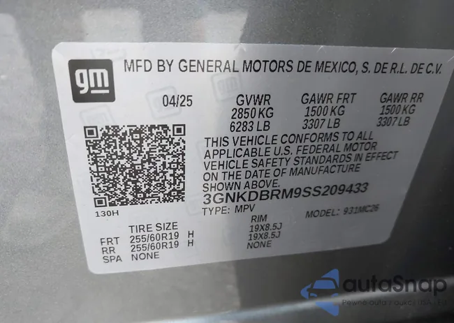 3GNKDBRM9SS209433: 43309247