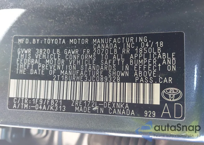 2T1BURHE3JC089328: 43308613