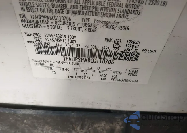 1FAHP2FW8CG110706: 43308646