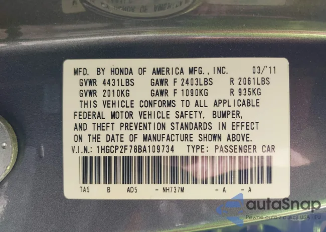 1HGCP2F78BA109734: 43310171