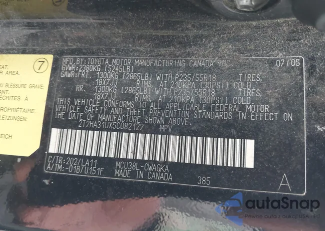 2T2HA31UX5C082122: 43310202