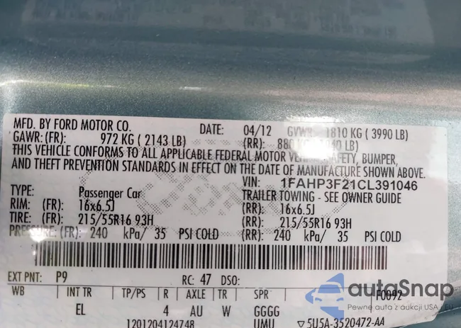 1FAHP3F21CL391046: 43310323