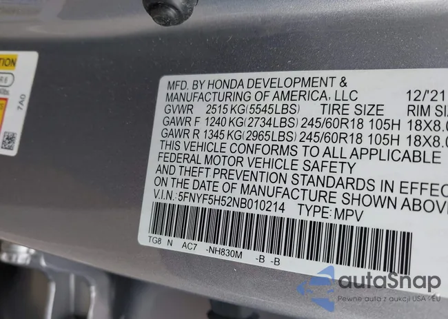 5FNYF5H52NB010214: 43310972