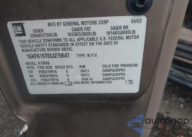 1GKFK16P83J279647: 43310997