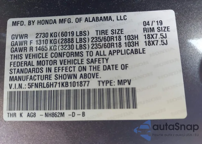 5FNRL6H71KB101877: 43311028