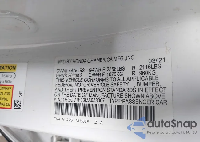 1HGCV1F33MA053007: 43311245