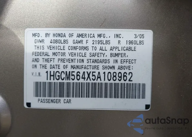 1HGCM564X5A108962: 43310437