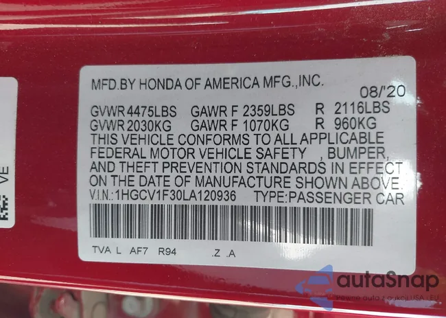 1HGCV1F30LA120936: 43310683