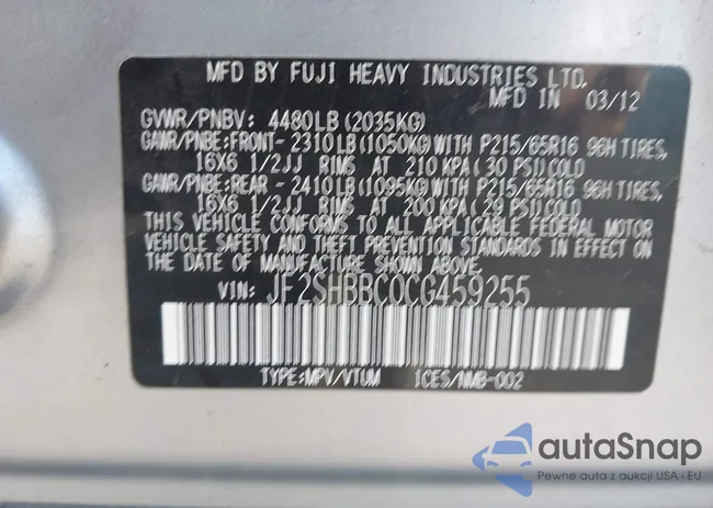 JF2SHBBC0CG459255: 43311470