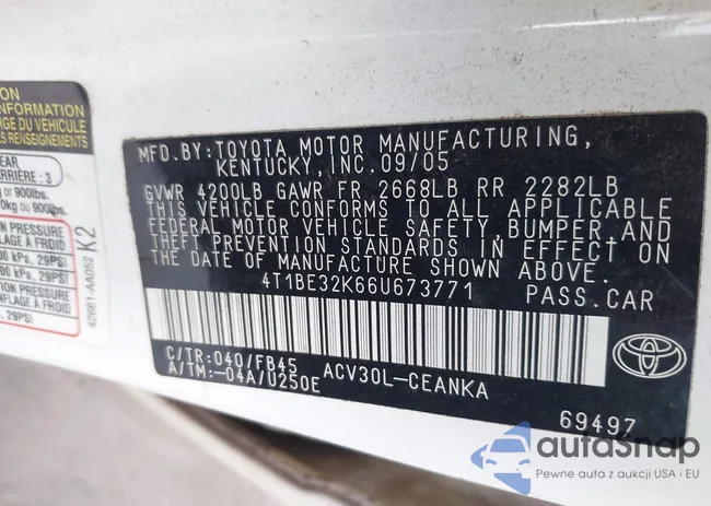 4T1BE32K66U673771: 43311615