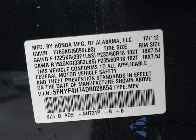 5FNYF4H74DB028854: 43311652
