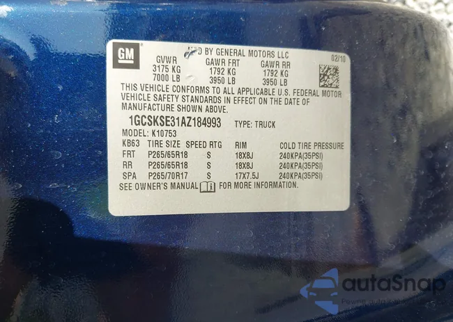 1GCSKSE31AZ184993: 43311653