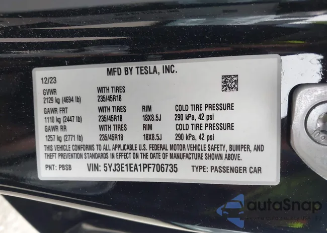 5YJ3E1EA1PF706735: 43312815