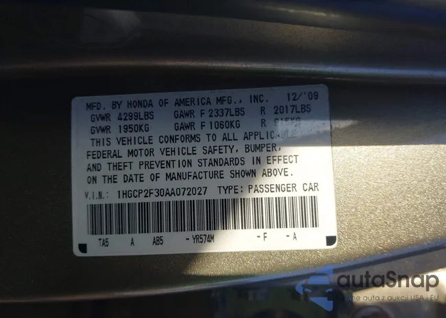 1HGCP2F30AA072027: 43312879