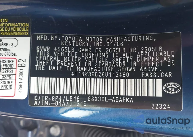 4T1BK36B26U113460: 43313021