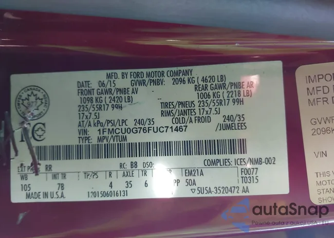 1FMCU0G76FUC71467: 43313087