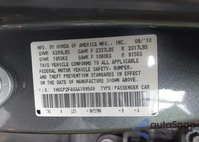 1HGCP2F40AA189549: 43313302