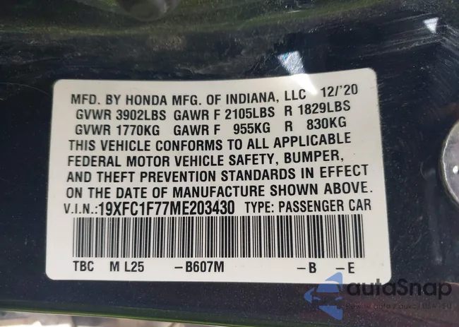 19XFC1F77ME203430: 43312543
